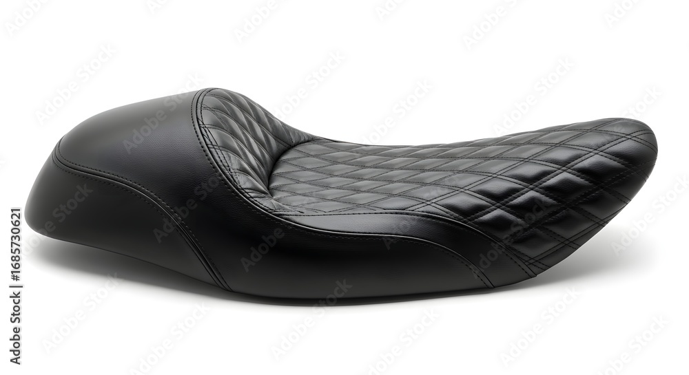 Obraz premium A black leather motorcycle seat with diamond stitching on a white background in studio shot