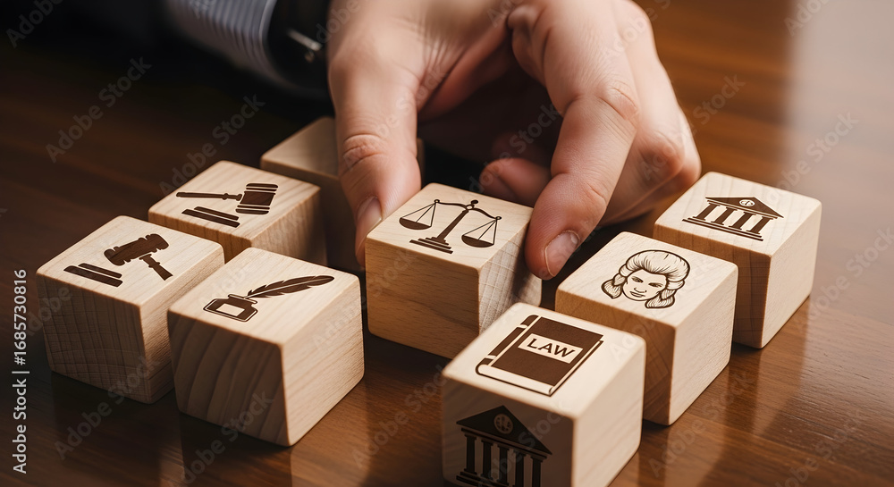 Obraz premium Business capability building blocks: A hand arranging wooden blocks stamped with icons for finance, legal, HR, cloud, analytics, and operations — representing organizational capability mapping, core f