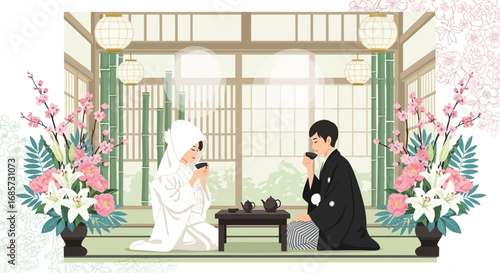 Japanese Traditional Wedding Ceremony with Tea at a Peaceful Location