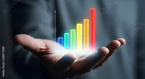 Hand-held growth chart: Businessperson’s palm supporting a colorful ascending bar chart with depth-of-field background — symbolizing held growth, investor relations, measurable performance metrics, qu