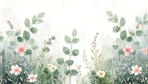 Watercolor illustration of flowers and foliage, with soft hues of green and pink