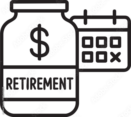 Retirement fund jar with calendar line vector icon