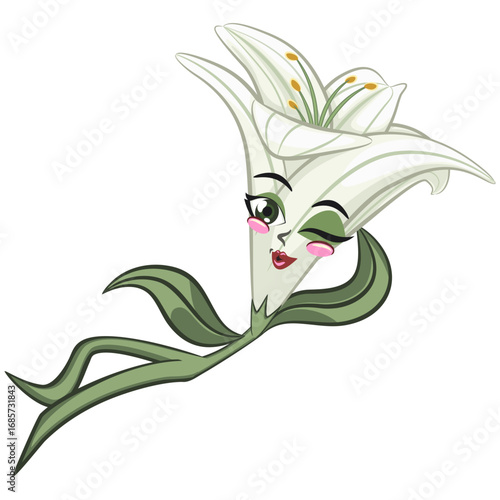 cute lily flower mascot cartoon vector illustration isolated lying relaxed while giving a seductive wink, work of hand drawn