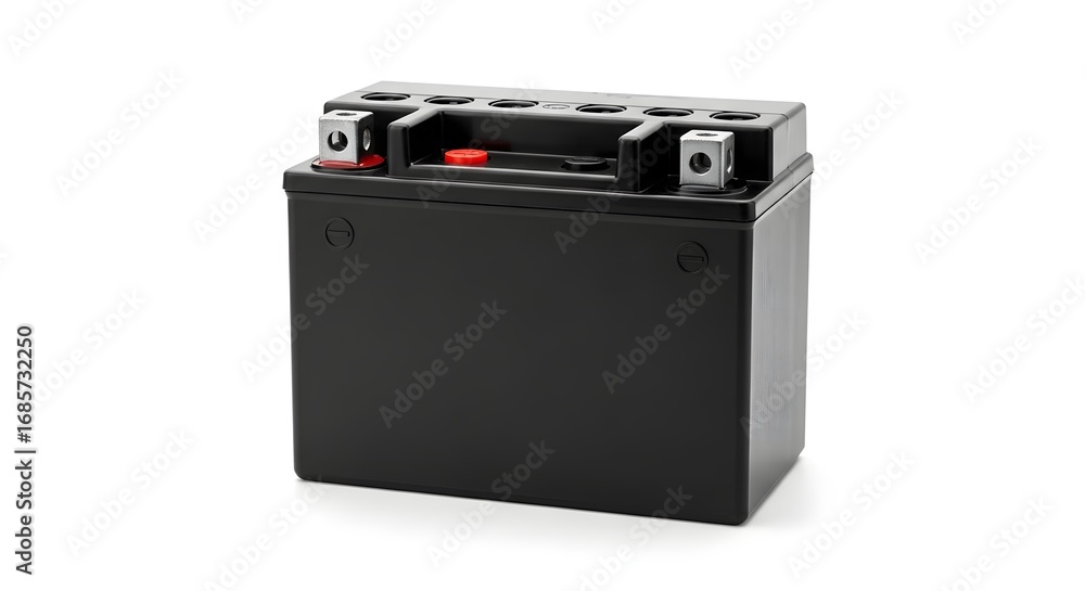 Fototapeta premium Isolated black battery with terminals and vents on a white background in a studio setting