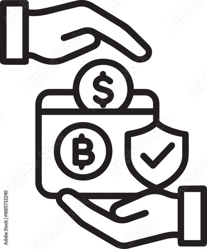Two hands exchanging digital coins line vector icon