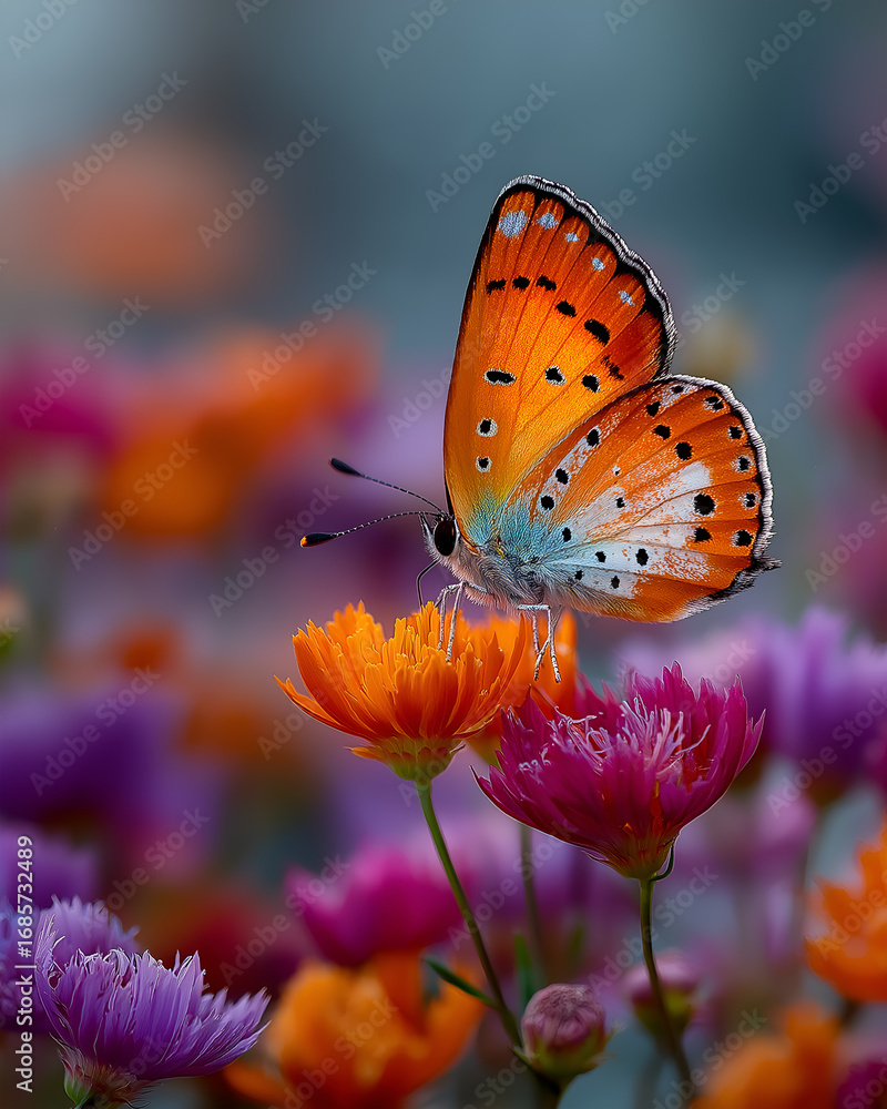 Obraz premium Beautiful Orange Butterfly on Colorful Wildflower with Soft Bokeh Background