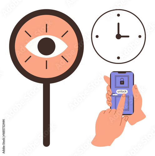 Eye magnifying glass, smartphone unlocking interface, and clock illustrating data access, security, time management. Ideal for privacy, digital security, time planning, modern technology