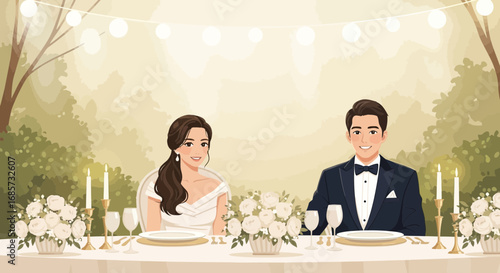 Romantic wedding illustration featuring a couple at their elegantly decorated table