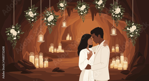 Enchanting Cave Wedding Ceremony with Romantic Couple and Candlelight Decor