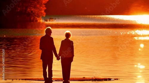 Elderly couple silhouette holding hands on a shoreline, watching the sparkling sunset reflection on a lake. A serene moment celebrating a long marriage and the security of a planned retirement.