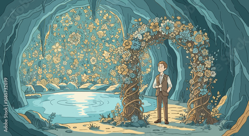 Enchanted Grotto: A floral portal within a tranquil cave, stylized drawing