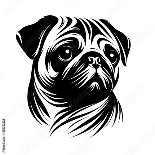 Vector illustration of pug dog in black strokes and lines. Family pet, love and care for animals, adoption fair. Types of breeds, decoration for grooming salon or vet clinic	