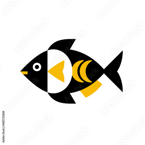 Geometric abstract vector of fish in yellow and black colors. Image for schools and nurseries. Vet clinic and fish market decoration. Creative icon of pet. World Fisheries Day
