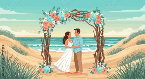 Beachside Bliss: A Serene Wedding Ceremony Under Floral Archway Overlooking the Ocean