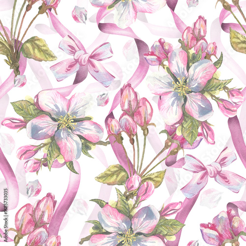 Seamless pattern with apple blossoms and pink ribbons, bows, romantic hand-painted watercolor illustration, suitable for packaging, fabric, wallpaper and decorative spring design projects.