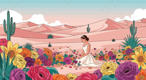 Whimsical Desert Bloom: A Woman's Serene Moment Among Flowers in Arid Landscape