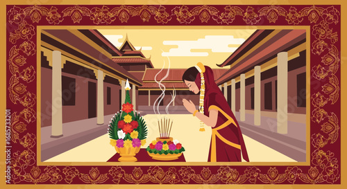A tranquil temple scene showcasing spiritual devotion in traditional Thai culture