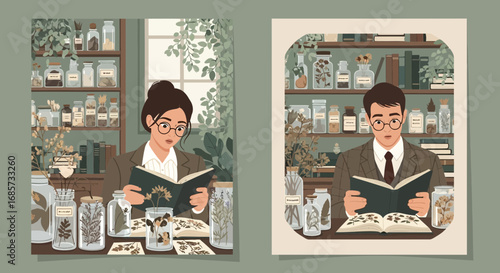 Vintage botanical study of scientists reading, in a serene and detailed illustration