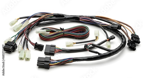 A detailed view of an electrical wiring harness with multiple connectors and wrapped cables on white