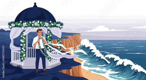 Groom preparing wedding decoration at beachside gazebo with ocean backdrop