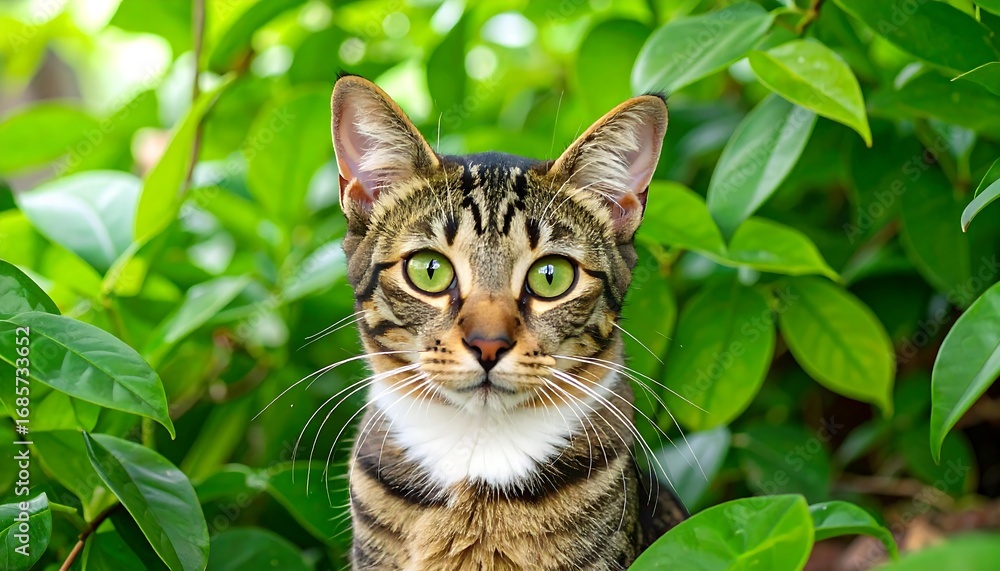 Fototapeta premium A domestic feline's portrait amidst verdant foliage, eyes intently focused, natural light