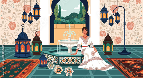 Serene moment: An elegant woman by a fountain in a traditional Moroccan courtyard