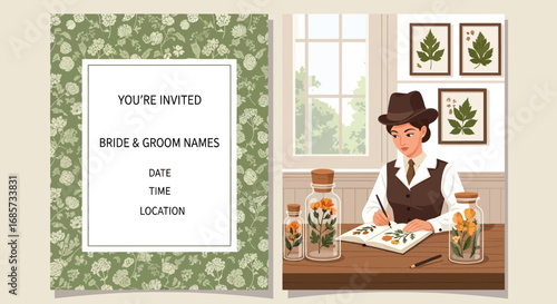 Elegant botanical themed wedding invitation suite with naturalist illustration and design