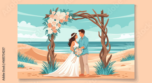 Romantic Beach Wedding Ceremony with Floral Arch and Loving Couple Illustration