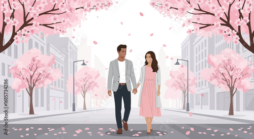 Romantic stroll under blossoming cherry trees in urban spring setting