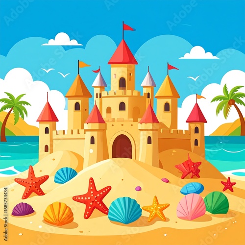 Cartoon sandcastle on beach