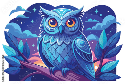 Peaceful Nighttime Owl with Intricate Patterns and Floral Background