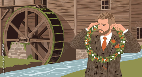 Stylized Illustration of Man with Wreath by Mill Stream, Embodying Rustic Elegance