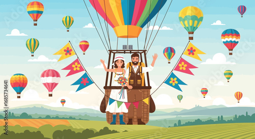 A jubilant cartoon depiction of a newlywed couple soaring in a hot air balloon