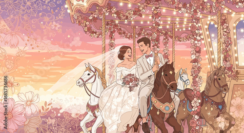 Artistic depiction of a newlywed couple on a flower-adorned carousel ride