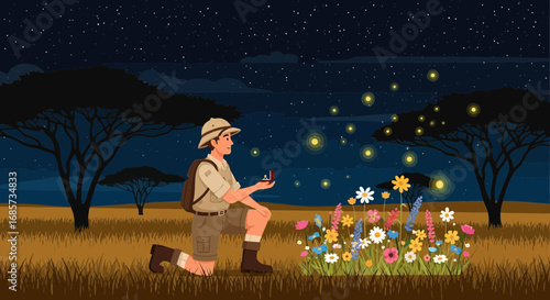 Romantic safari proposal under a starlit African sky with fireflies ambiance