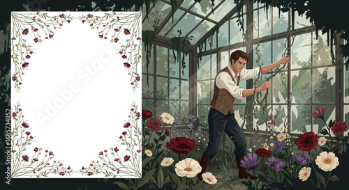 Greenhouse Serenity: A Framed Illustration of a Man Tending to His Floral Sanctuary