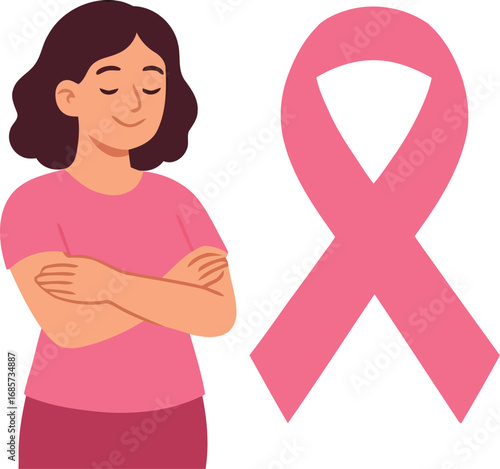 Woman with arms crossed next to pink ribbon symbolizing breast cancer awareness and support