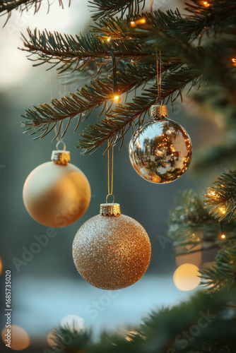 Wallpaper Mural Sparkling golden Christmas ornaments gleam on a festive pine branch with warm fairy lights Torontodigital.ca