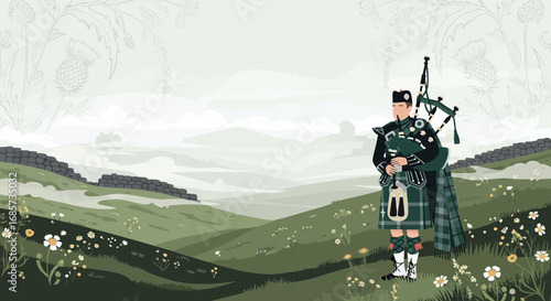Bagpiper on a tranquil Scottish landscape, evoking heritage and musical tradition