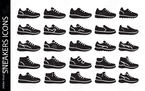 A set of outline icons of sneakers. The icons are designed in a minimalist style with black silhouettes on a white background.