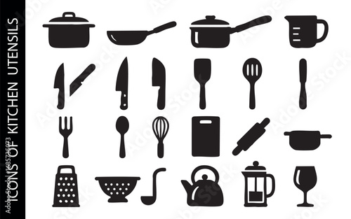 set of black vector icons of kitchen utensils