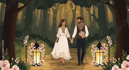Romantic woodland walk: An illustration of a couple taking a stroll in an enchanted forest