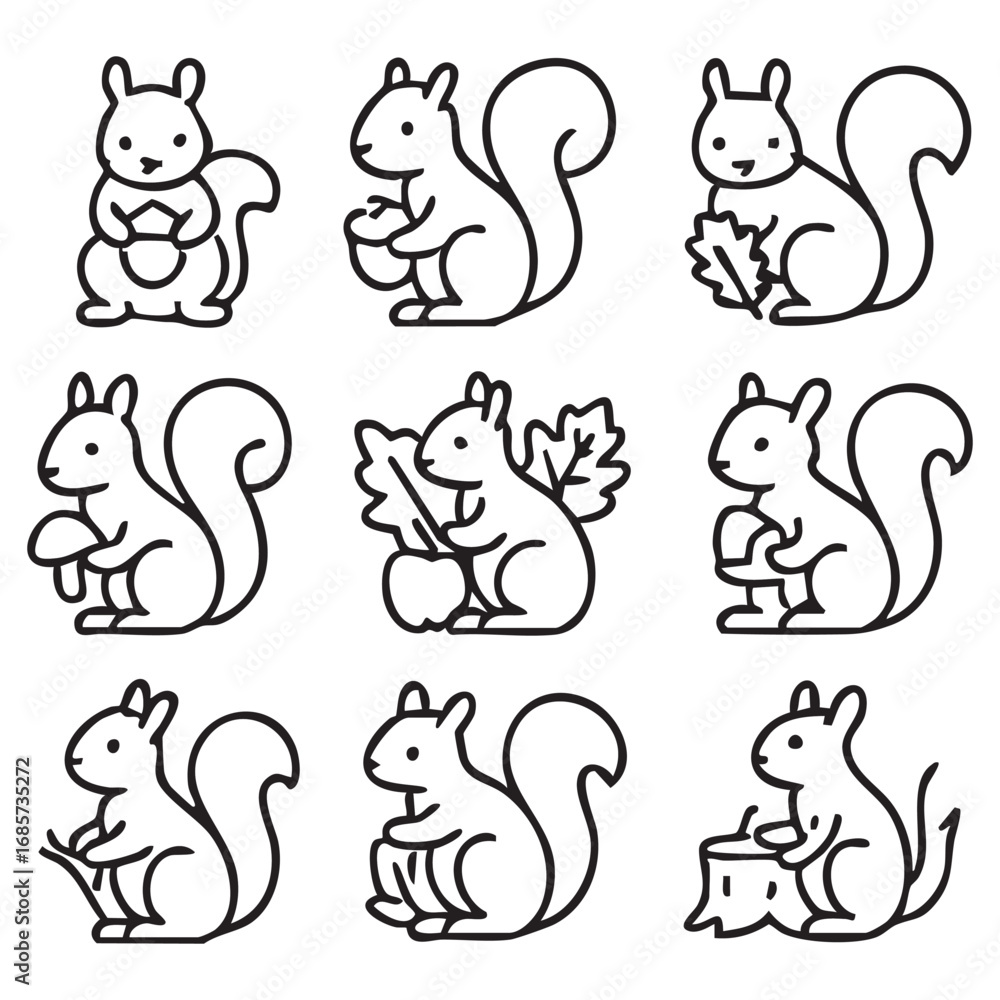 Obraz premium Printset of black outline icons of a squirrel