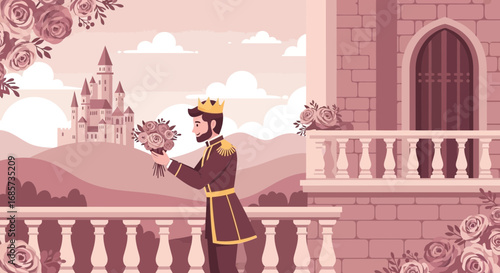 A Prince in his rose garden holds a bouquet on the balcony of the castle