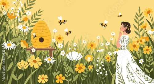 Enchanting spring scenery with a woman, beehive, and bees in a meadow