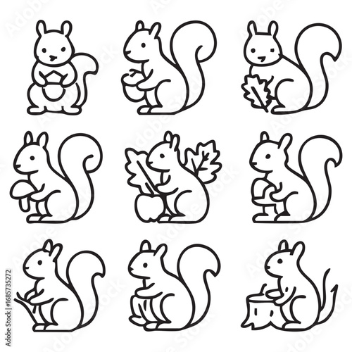 Printset of black outline icons of a squirrel