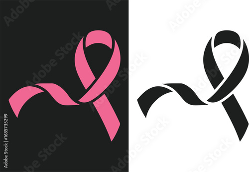 Pink ribbon symbol of breast cancer awareness against black and white backgrounds