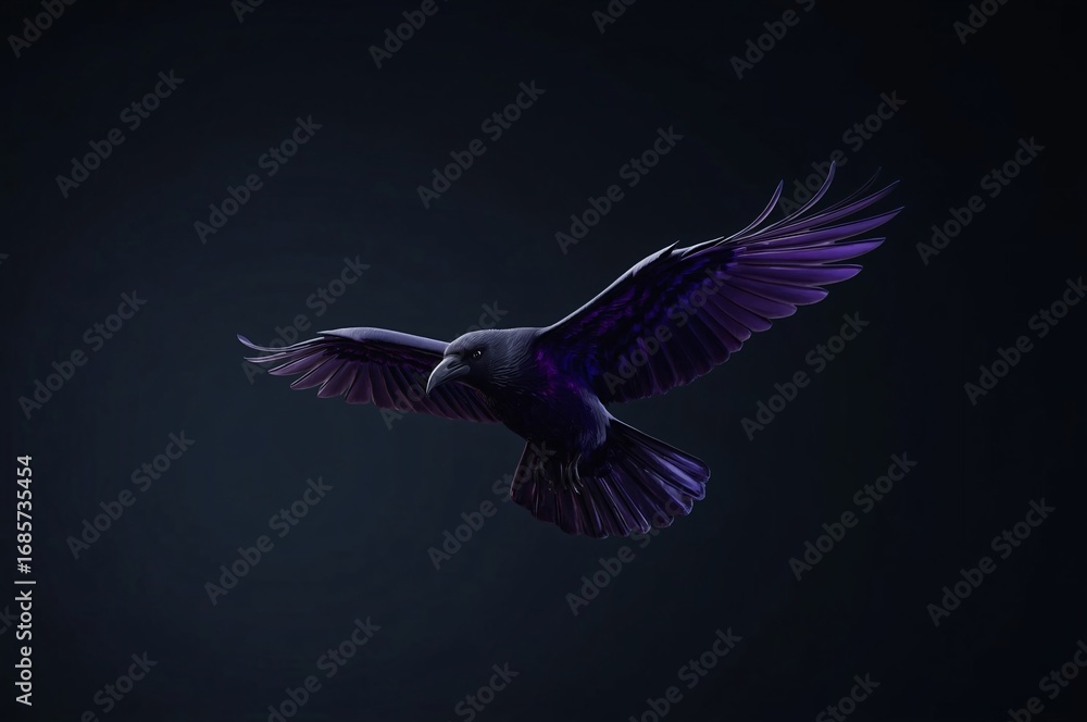 Fototapeta premium Dark Purple Raven in Flight Against Dark Background
