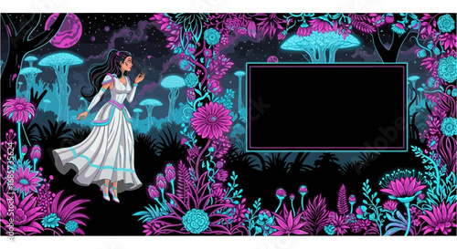 Ethereal princess in enchanted garden with luminous flora and portal for messages