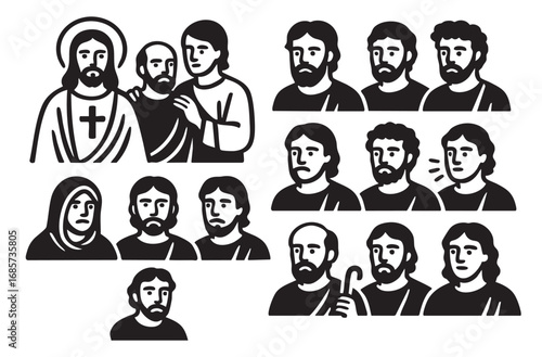 Black and white illustrations depicting various biblical figures